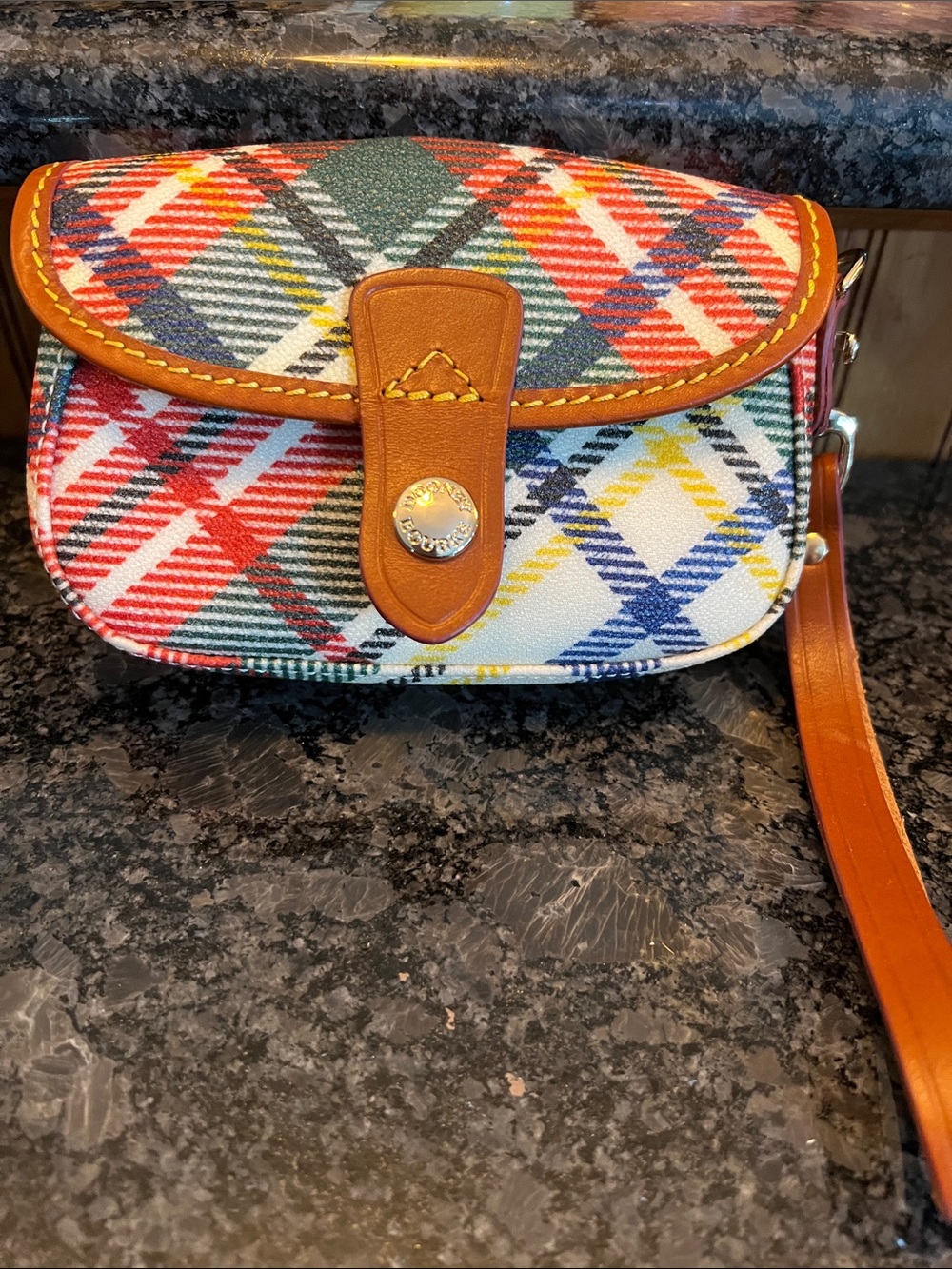 Dooney & Bourke Multicolor Plaid Clutch with Brown Leather Trim